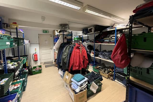 The donation room, where all clothes, food, accessories, sanitary products and miscellaneous items are stored