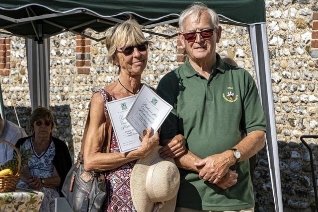 Christina Goodwyn receives two Worshipful Company of Gardeners Certificates from Colin Crane at East Preston and Kingston Horticultural Society flower show