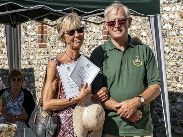 Christina Goodwyn receives two Worshipful Company of Gardeners Certificates from Colin Crane at East Preston and Kingston Horticultural Society flower show