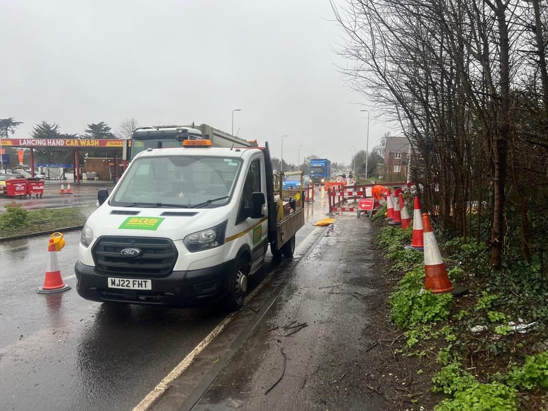 Traffic has been reduced to one lane, with dozens of cones in place, on the A27 eastbound – just past Lancing roundabout.