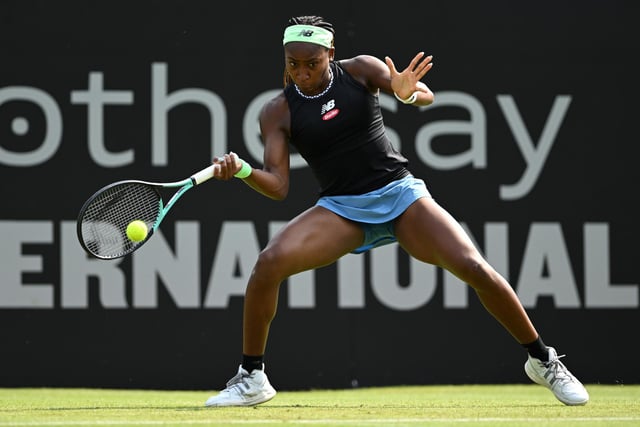 EASTBOURNE, ENGLAND - JUNE 29: Coco Gauff of the United States plays a forehand during her singles match against Jessica Pegula of the United States at the Rothesay International Eastbourne at Devonshire Park on June 29, 2023 in Eastbourne, England. (Photo by Justin Setterfield/Getty Images):Action from Thursday's play at the Rothesay tennis international at Devonshire Park, Eastbourne