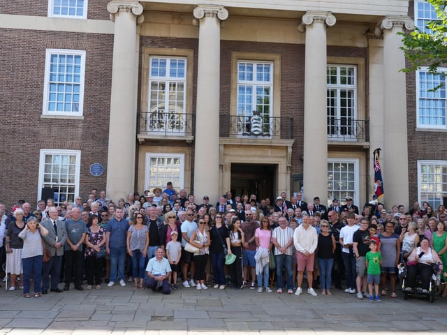 Crowds gathered outside Worthing Town Hall to hear the mayor, Henna Chowdhury, read the proclamation of King Charles III at 2.30pm. Photo: Eddie Mitchell