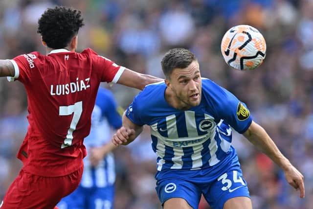 Brighton's Dutch defender Joel Veltman in action against Liverpool in the Premier League (Photo by GLYN KIRK/AFP via Getty Images)