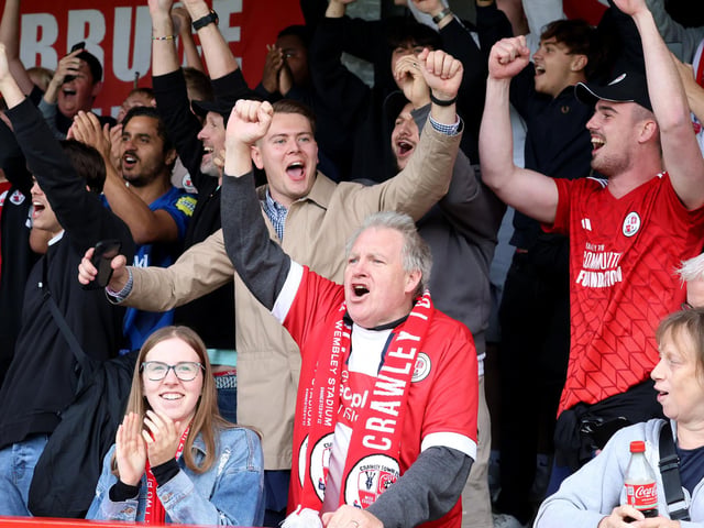 Crawley's Armando Quitirna equalises from the penalty spot and celebrates : Crawley Town drew 1-1 with Stockport County in their League One encounter at the Broadfield Stadium. Stephen Lawrence/Telephoto Images was there to catch the action
