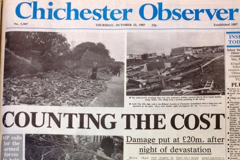 'Counting the Cost': The front page of the Chichester Observer on October 22, 1987.