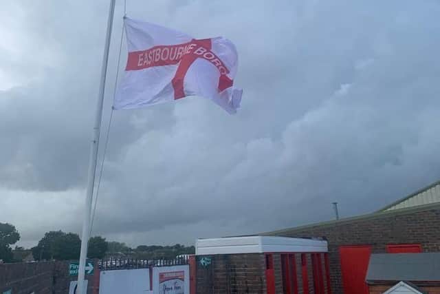 Eastbourne Borough FC's flag at half mast following the death of The Queen | Picture: EBFC
