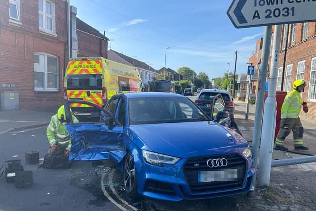 There was a large emergency response to the collision in Tarring Road, with firefighters joining police officers and paramedics at the scene. Photo: Eddie Mitchell