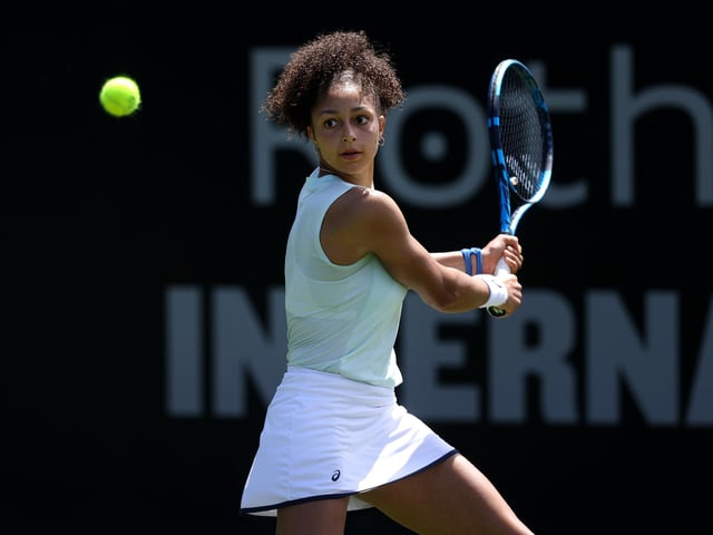 Ranah Stoiber of Great Britain in action during her women's singles qualifying match against Magda Linette of Poland on day two of the Rothesay International Eastbourne at Devonshire Park on June 23, 2024 in Eastbourne, England.  (Photo by Charlie Crowhurst/Getty Images for LTA) : Sunday's qualifying and practice at the Rothesay International Eastbourne
