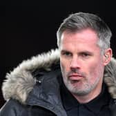 NOTTINGHAM, ENGLAND - MARCH 17: Sky Sports Presenter, Jamie Carragher looks on during the Premier League match between Nottingham Forest and Newcastle United at City Ground on March 17, 2023 in Nottingham, England. (Photo by Laurence Griffiths/Getty Images)