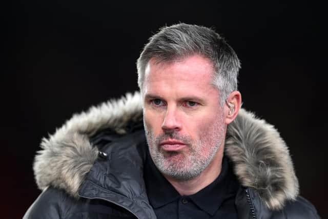 NOTTINGHAM, ENGLAND - MARCH 17: Sky Sports Presenter, Jamie Carragher looks on during the Premier League match between Nottingham Forest and Newcastle United at City Ground on March 17, 2023 in Nottingham, England. (Photo by Laurence Griffiths/Getty Images)