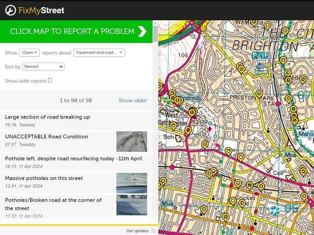 Pothole Reports in Brighton and Hove on the Fix My Street website in April 2024