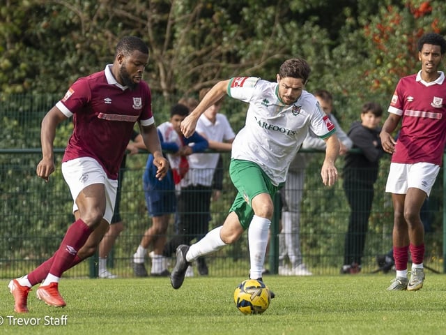 Action from the Isthmian Premier Division match between Potters Bar Town and Bognor Regis Town. Pictures by Lyn and Trevor Phillips