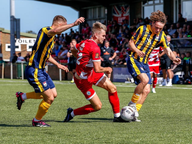 Action from Bath City's 2-1 win at Eastbourne Borough