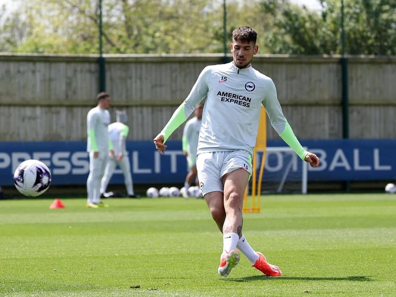 Jakub Moder fires in a shot during training
