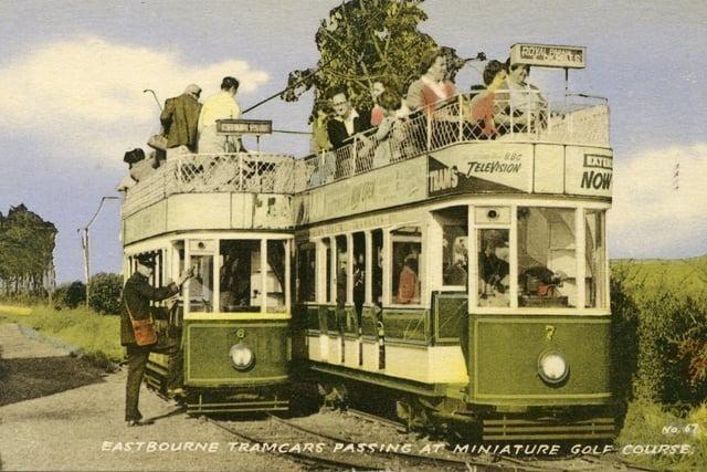 Eastbourne's trams, which ran between 1954 and 1969, passing the miniature golf course