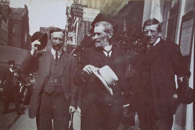 A very rare photo of William Henry Hudson, centre, in action, with Morley Roberts, left. Picture: RSPB