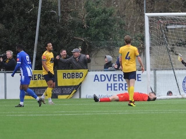 Action from Lancing FC's 1-0 home loss to East Grinstead Town in the Isthmian south east division