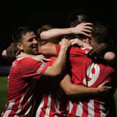 Steyning Town celebrate one of the goals that saw off Hadley | Picture: Andrew Hazelden