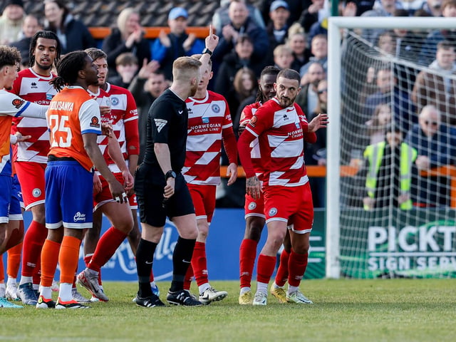 Action from Eastbourne Borough's final-day 3-2 win at Braintree - the Sports have stayed up with six points to spare