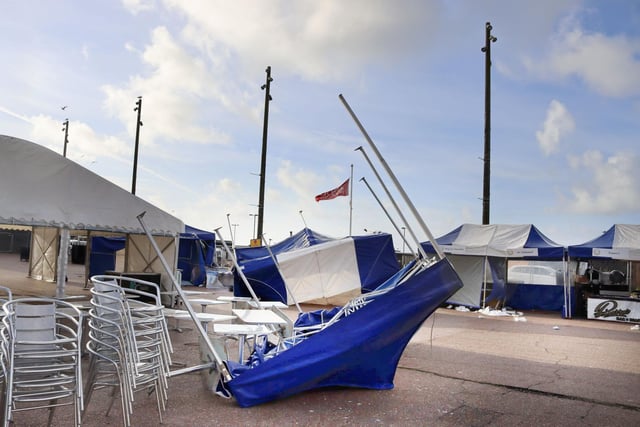Storm damage to the tents at the Midsummer Fish Festival in Hastings. The damage happened Friday evening but the event still managed to open its gates to the public at 11am on Saturday. Photo by Kevin Boorman.