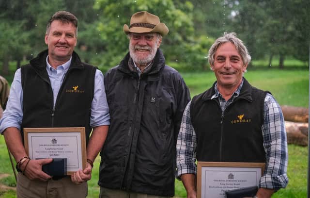 Lord Cowdray (centre) with Gil Bates (left) and Paul Prudente (right) holding their RFS Long Service Awards Oct 2022.