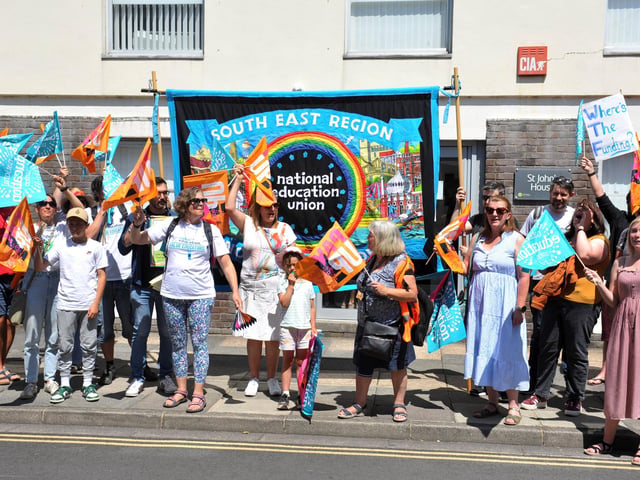 The National Education Union held a march and rally past the Secretary of State for Education’s Office in Chichester and on to County Hall. SR2307072 Photo by S Robards/Sussex World