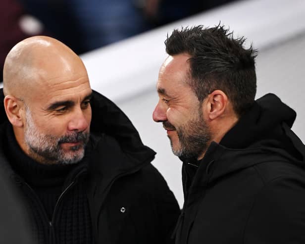 Pep Guardiola gave Brighton a ‘lot of credit’ after his Manchester City team cruised to a 4-0 victory at the Amex Stadium.  (Photo by Mike Hewitt/Getty Images)