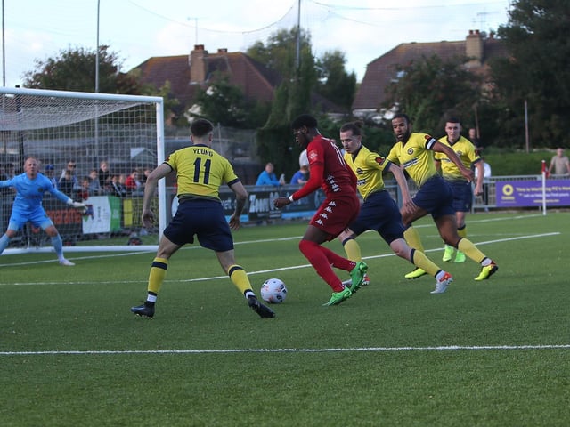 Action from Worthing's National League South clash at home to Farnborough at Woodside Road