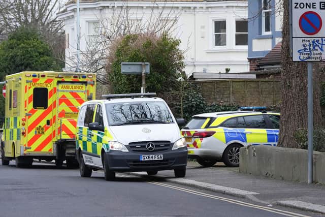 Two ambulances and a police car were pictured on the corner of Crescent Road and Shelley Road