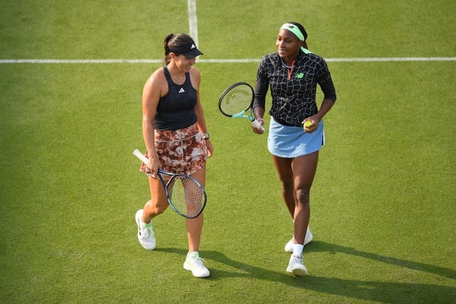 EASTBOURNE, ENGLAND - JUNE 26: Jessica Pegula reacts with their partner Coco Gauff of United States against Yulia Putintseva of Kazakstan and Kamilla Rakhimova in the Women's Doubles First Round during Day Three of the Rothesay International Eastbourne at Devonshire Park on June 26, 2023 in Eastbourne, England. (Photo by Harriet Lander/Getty Images for LTA):Action from Monday's play at the Rothesay tennis international at Devonshire Park, Eastbourne