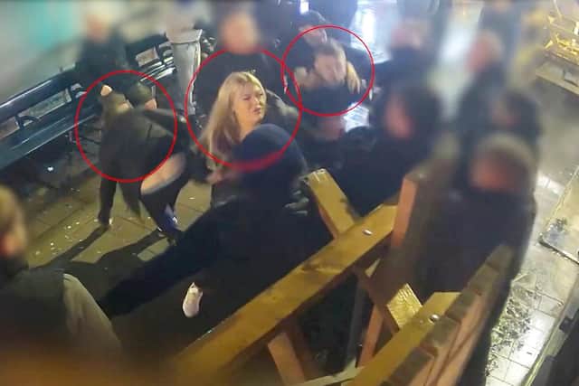 Calum Adams, along with his sister Daisy and her ex Oliver Treagus are all seen raining punches outside a pub in Brighton. Photo: Sussex Police / SWNS