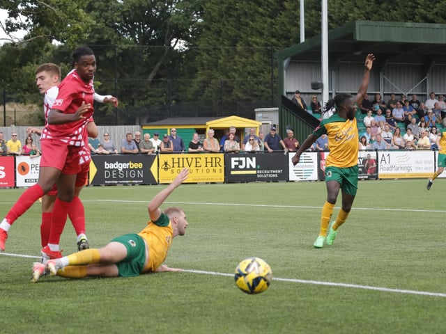 Action from Horsham's home defeat to Carshalton Athletic. Picture by John Lines