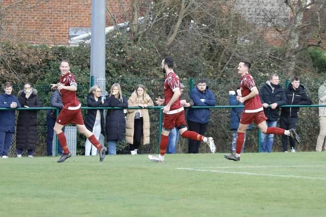 Little Common in recent scoring celebration mode against Bexhill | Picture: Joe Knight