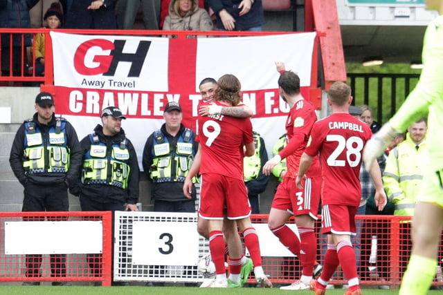 Action in the Crawley Town-Grimsby game that the Reds won to secure a play-off place