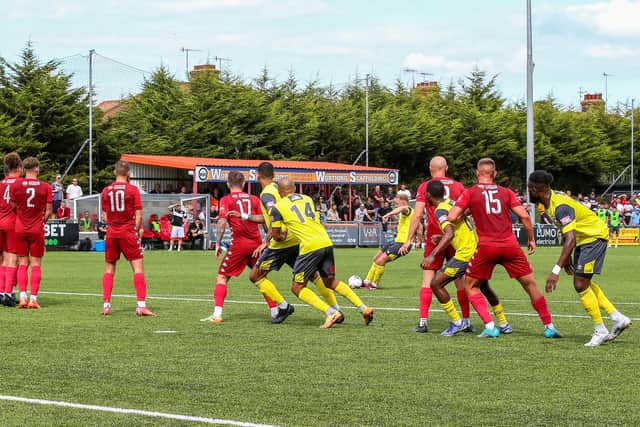 Worthing take on Eastbourne Borough in the bank holiday derby - at which Eastbourne fans were segregated | Picture: Nick Redman