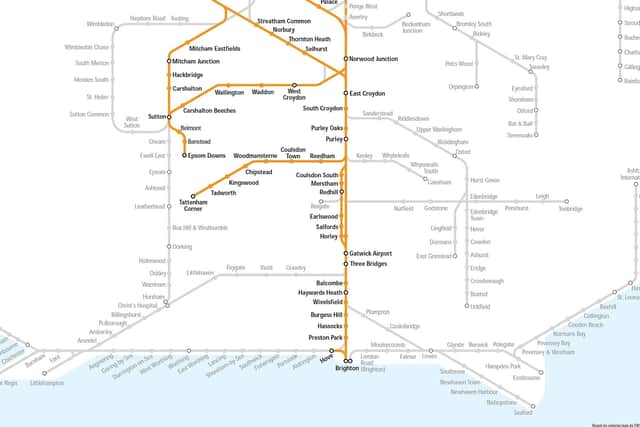 Map showing services running (in orange) on strike days next week and lines in grey where no services will be running
