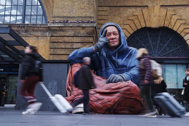 The sculpture, named Alex, stands as a visible testament to the hundreds of thousands of people sleeping on the streets, sofa surfing and living in temporary accommodation.