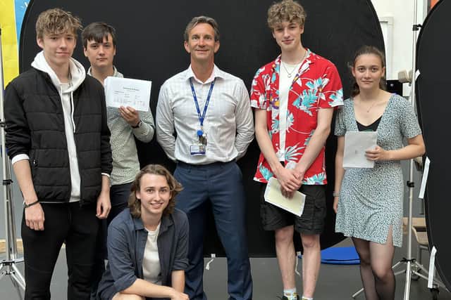 Shoreham Academy A Levels 2023: Ed, Corinth, Tom, Mr Coupe, Magnus and Erin