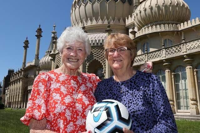June Jaycocks and Eileen Bourne at the launch of the Goal Power Women’s Football 1894-2022 Exhibition outside the Royal Pavilion in Brighton