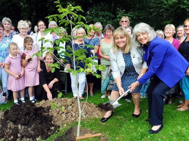 Jane Probitts and Lisa Emmerson planting a tree at Weald & Downland Living Museum in 2015 to celebrate the centenary of Singleton and East Dean Women’s Institute
