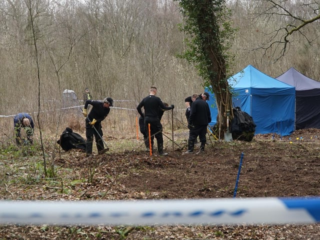 Police at the scene in woodland in Marley Lane, Battle
