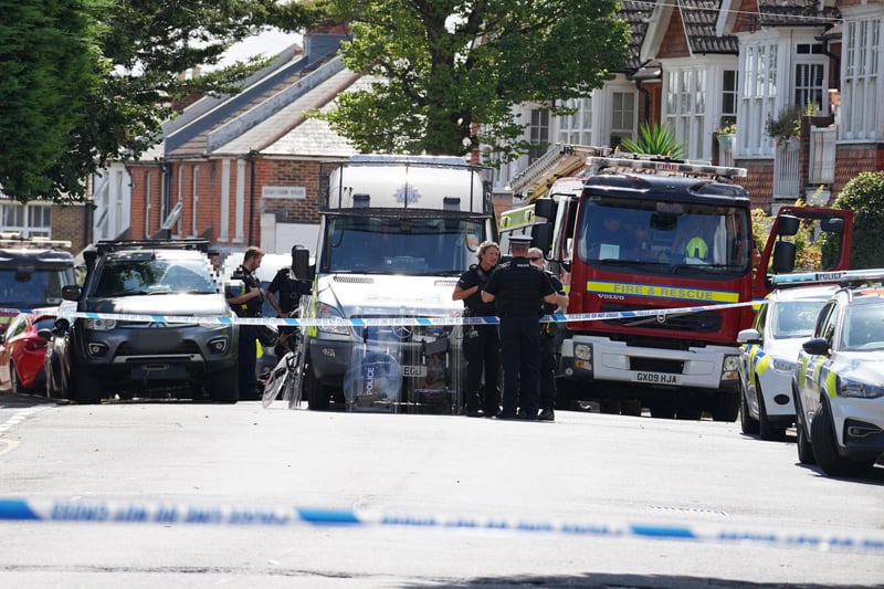 Emergency service crews attending the incident in Green Street, Eastbourne