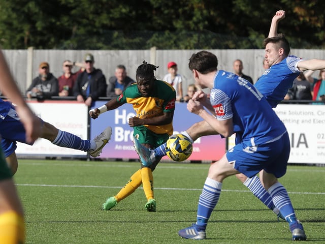 Action from Horsham's 2-0 home defeat to Bishop's Stortford in the Isthmian Premier on Saturday
