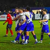 Haywards Heath Town players celebrate the goal against Eastbourne United | Picture: Ray Turner
