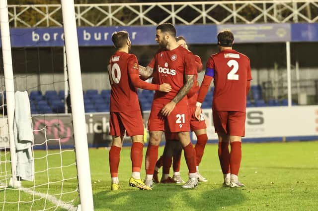 Worthing celebrate one of their three goals at Farnborough | Picture: Mike Gunn