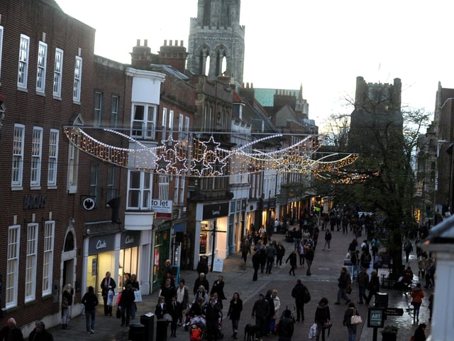 Christmas lights in Chichester in 2012, looking up East Street
