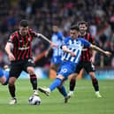 BOURNEMOUTH, ENGLAND - APRIL 28: Marcos Senesi of AFC Bournemouth is challenged by Billy Gilmour and Facundo Buonanotte of Brighton & Hove Albion during the Premier League match between AFC Bournemouth and Brighton & Hove Albion at Vitality Stadium on April 28, 2024 in Bournemouth, England. (Photo by Mike Hewitt/Getty Images)