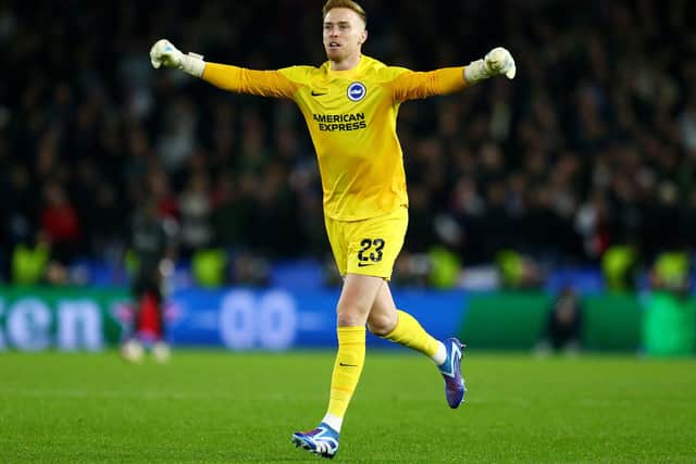 Jason Steele celebrates after Joao Pedro of Brighton & Hove Albion (not pictured) scored the team's first goal during the UEFA Europa League 2023/24 match between Brighton & Hove Albion and AFC Ajax at American Express Community Stadium on October 26, 2023 in Brighton, England. (Photo by Charlie Crowhurst/Getty Images)