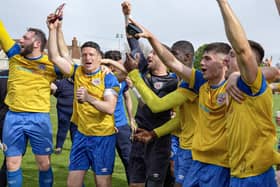 Eastbourne Town players celebrate their play-off win | Picture: Josh Claxton
