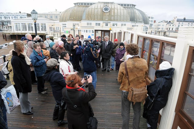 The scene on Worthing Pier in January 2009 at the unveiling of the Plank Attack stained glass windows